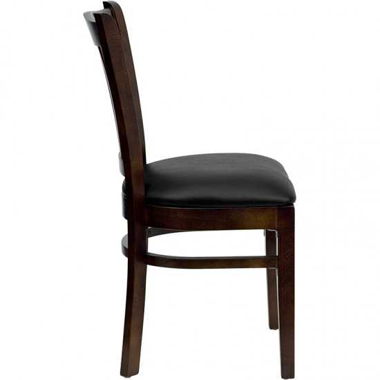 Vertical Slat Back Walnut Wood Restaurant Chair - Black Vinyl Seat