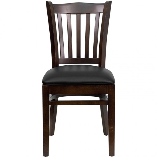 Vertical Slat Back Walnut Wood Restaurant Chair - Black Vinyl Seat