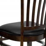 Vertical Slat Back Walnut Wood Restaurant Chair - Black Vinyl Seat