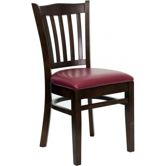 Vertical Slat Back Walnut Wood Restaurant Chair - Burgundy Vinyl Seat