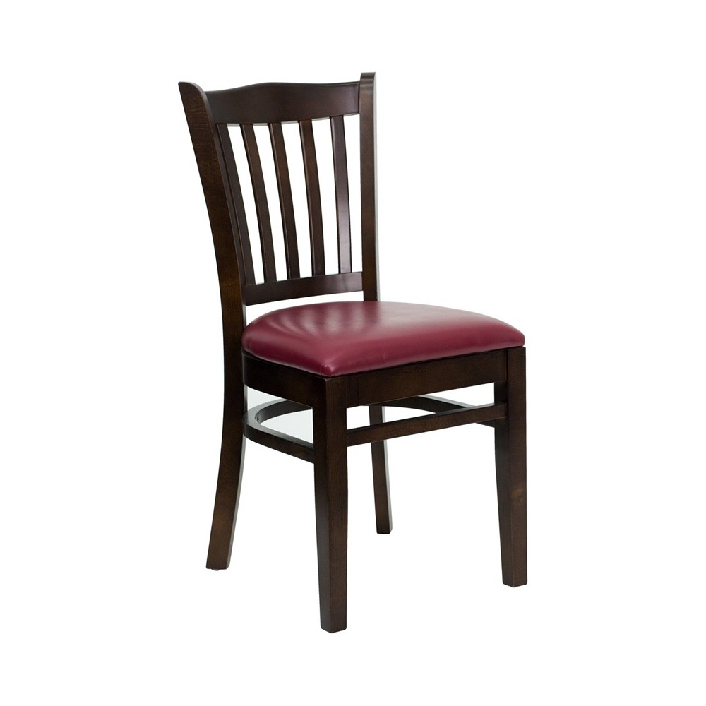 Vertical Slat Back Walnut Wood Restaurant Chair - Burgundy Vinyl Seat