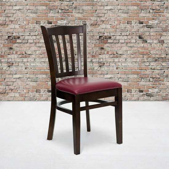 Vertical Slat Back Walnut Wood Restaurant Chair - Burgundy Vinyl Seat