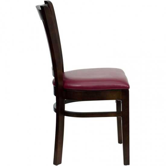 Vertical Slat Back Walnut Wood Restaurant Chair - Burgundy Vinyl Seat