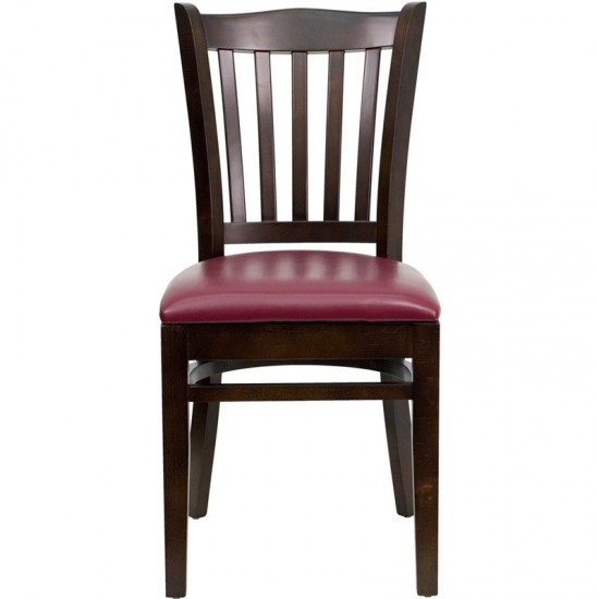 Vertical Slat Back Walnut Wood Restaurant Chair - Burgundy Vinyl Seat