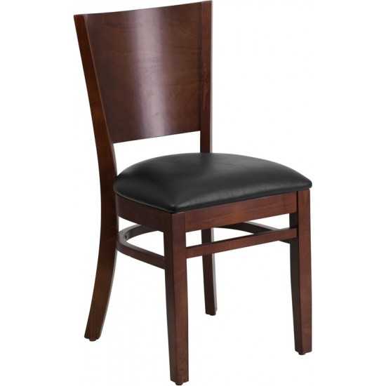 Lacey Series Solid Back Walnut Wood Restaurant Chair - Black Vinyl Seat