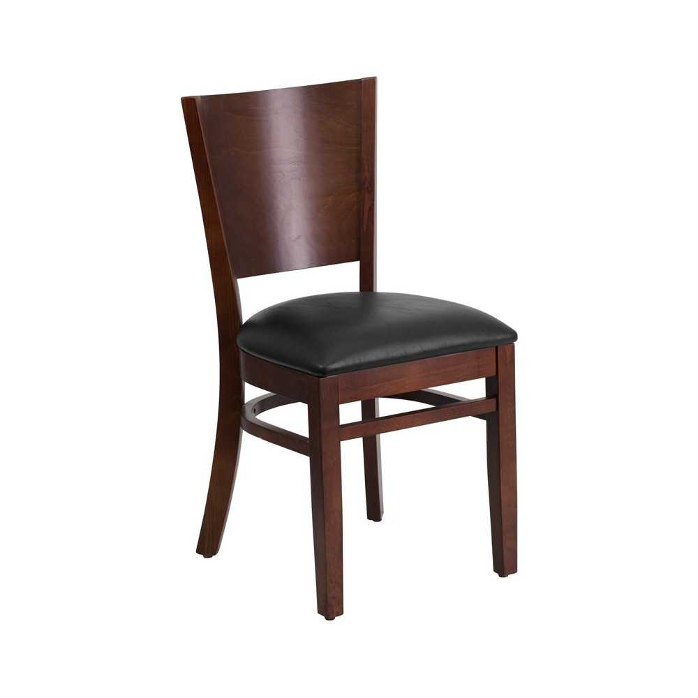 Lacey Series Solid Back Walnut Wood Restaurant Chair - Black Vinyl Seat