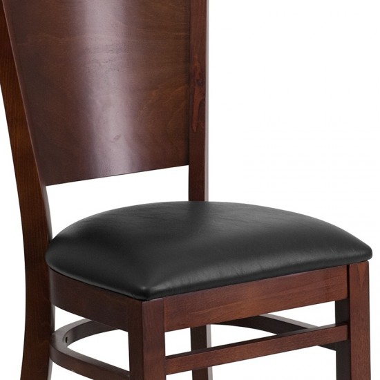 Lacey Series Solid Back Walnut Wood Restaurant Chair - Black Vinyl Seat