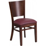 Lacey Series Solid Back Walnut Wood Restaurant Chair - Burgundy Vinyl Seat