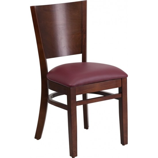 Lacey Series Solid Back Walnut Wood Restaurant Chair - Burgundy Vinyl Seat