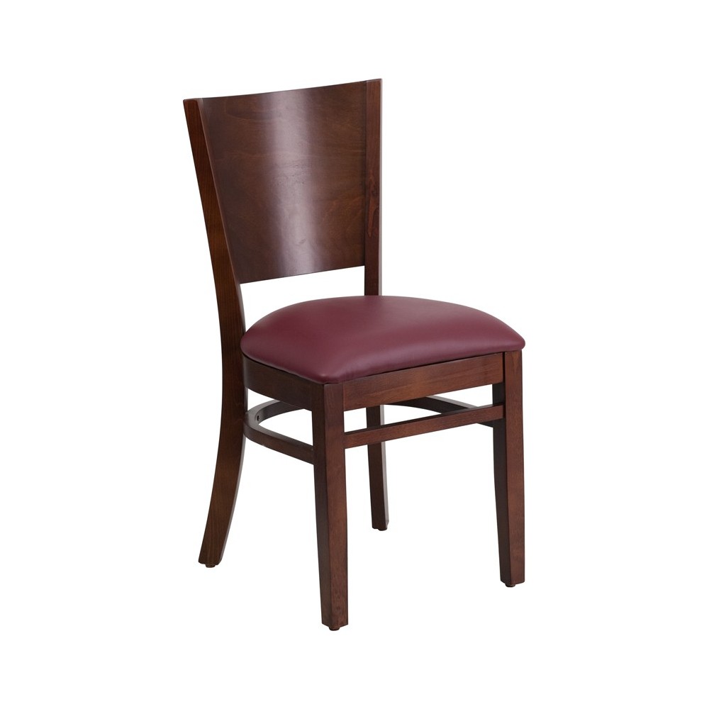 Lacey Series Solid Back Walnut Wood Restaurant Chair - Burgundy Vinyl Seat