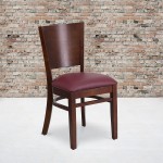 Lacey Series Solid Back Walnut Wood Restaurant Chair - Burgundy Vinyl Seat