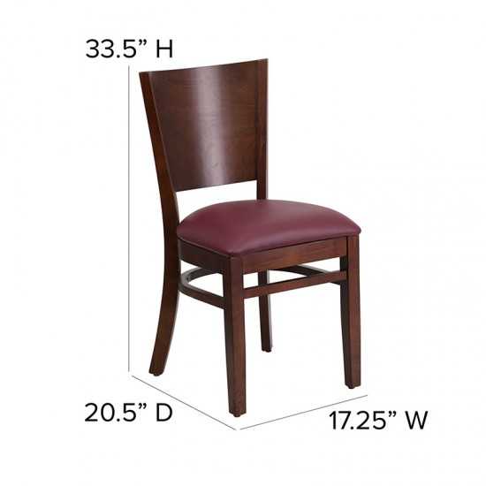 Lacey Series Solid Back Walnut Wood Restaurant Chair - Burgundy Vinyl Seat