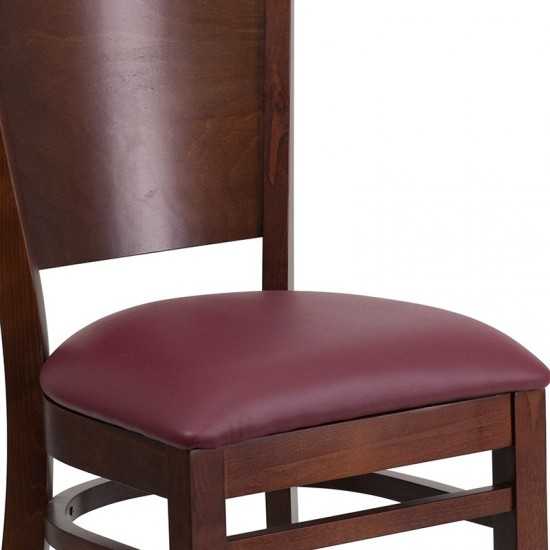 Lacey Series Solid Back Walnut Wood Restaurant Chair - Burgundy Vinyl Seat