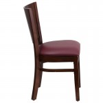 Lacey Series Solid Back Walnut Wood Restaurant Chair - Burgundy Vinyl Seat