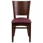 Lacey Series Solid Back Walnut Wood Restaurant Chair - Burgundy Vinyl Seat