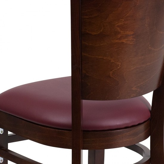 Lacey Series Solid Back Walnut Wood Restaurant Chair - Burgundy Vinyl Seat