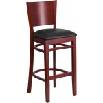 Lacey Series Solid Back Mahogany Wood Restaurant Barstool - Black Vinyl Seat