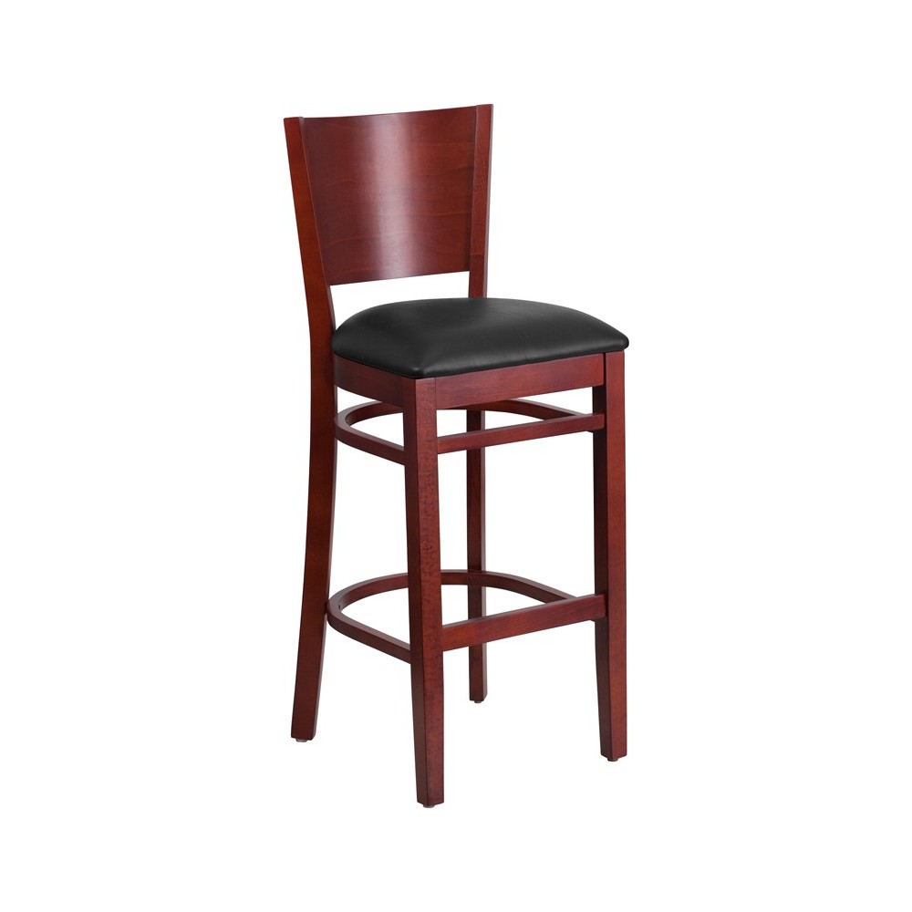 Lacey Series Solid Back Mahogany Wood Restaurant Barstool - Black Vinyl Seat