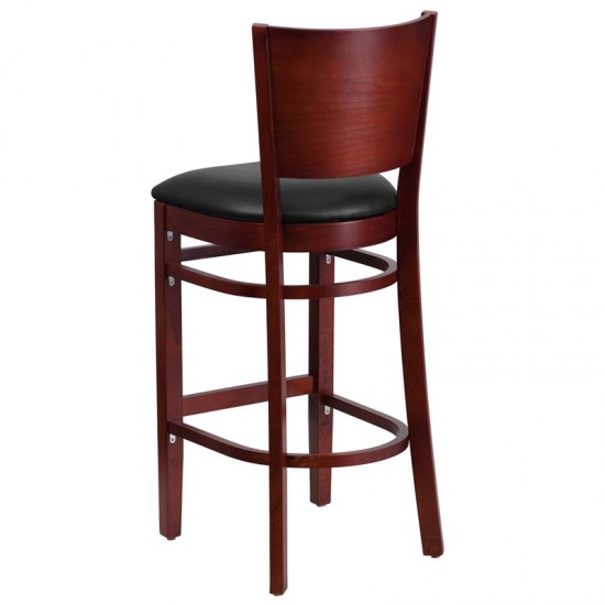 Lacey Series Solid Back Mahogany Wood Restaurant Barstool - Black Vinyl Seat