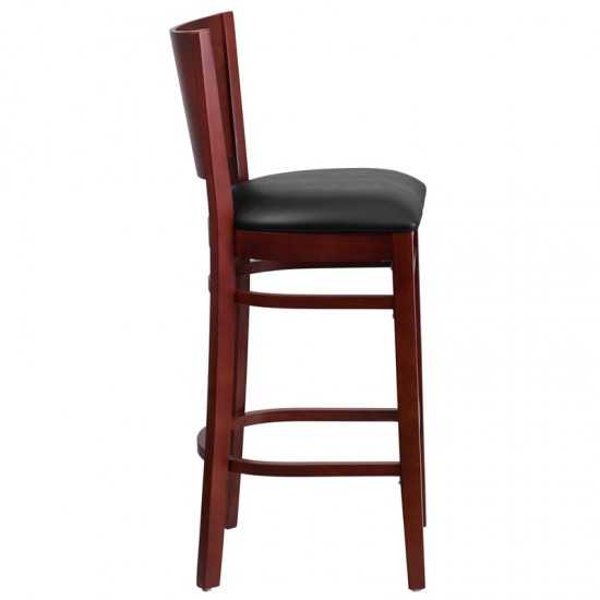 Lacey Series Solid Back Mahogany Wood Restaurant Barstool - Black Vinyl Seat