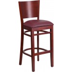 Lacey Series Solid Back Mahogany Wood Restaurant Barstool - Burgundy Vinyl Seat