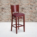 Lacey Series Solid Back Mahogany Wood Restaurant Barstool - Burgundy Vinyl Seat