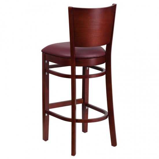 Lacey Series Solid Back Mahogany Wood Restaurant Barstool - Burgundy Vinyl Seat