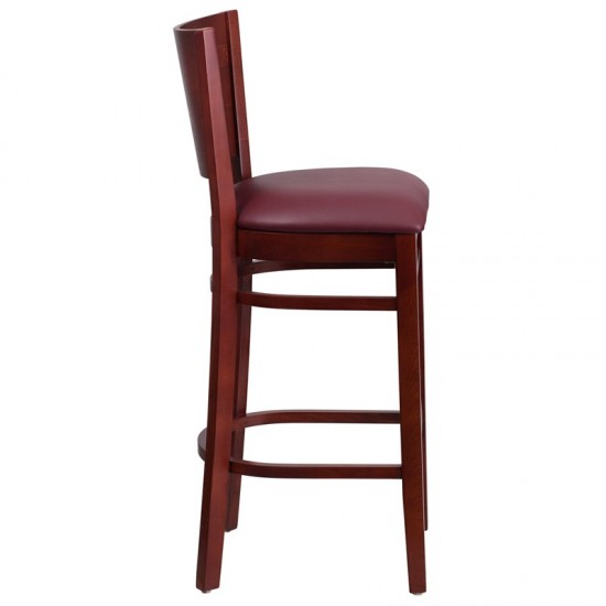 Lacey Series Solid Back Mahogany Wood Restaurant Barstool - Burgundy Vinyl Seat