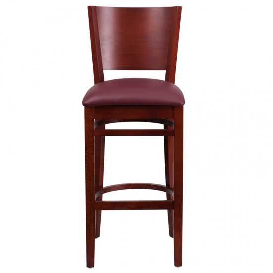 Lacey Series Solid Back Mahogany Wood Restaurant Barstool - Burgundy Vinyl Seat