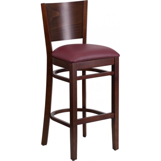 Lacey Series Solid Back Walnut Wood Restaurant Barstool - Burgundy Vinyl Seat