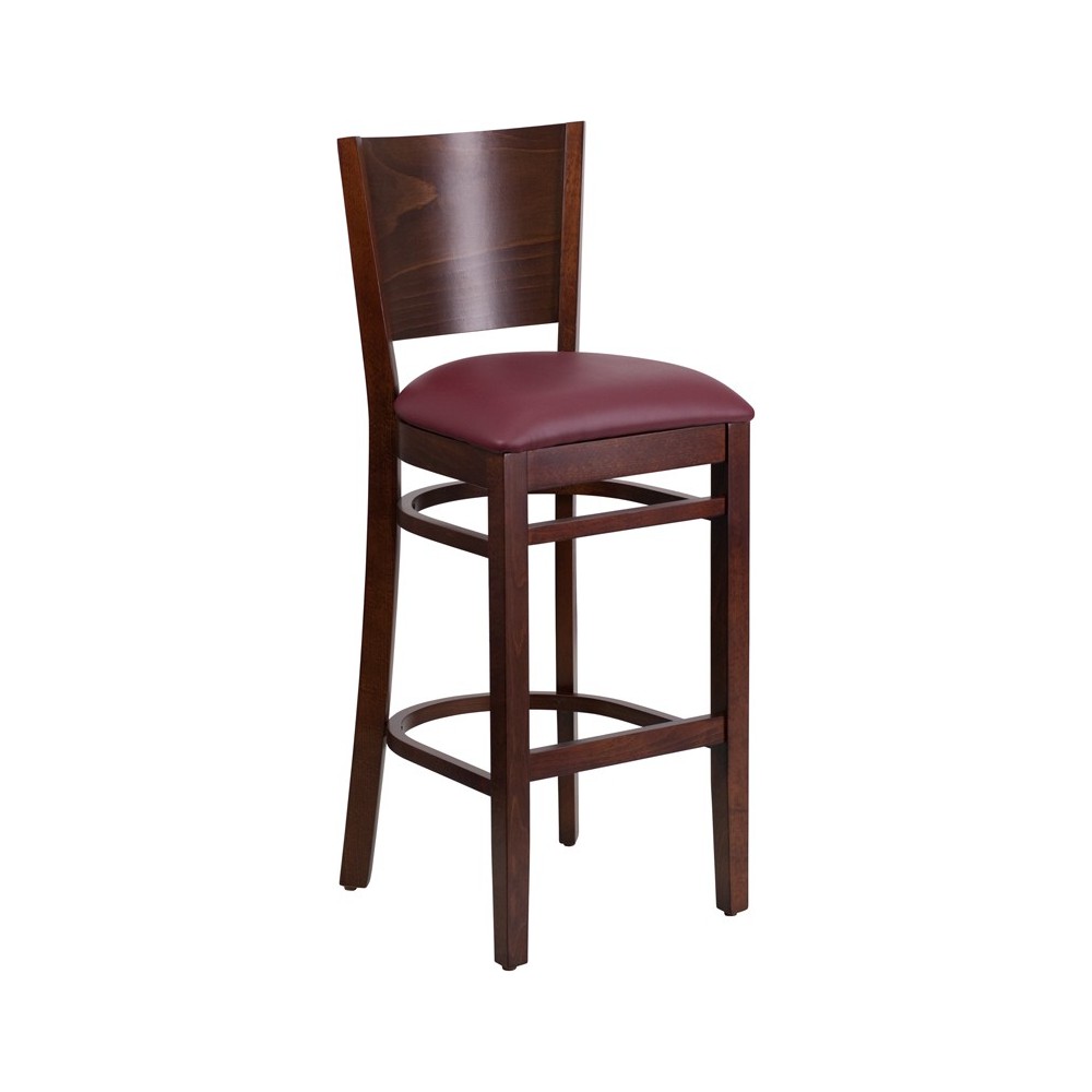 Lacey Series Solid Back Walnut Wood Restaurant Barstool - Burgundy Vinyl Seat Lacey Series Solid Back Walnut Wood Restaurant Barstool - Burgundy Vinyl Seat