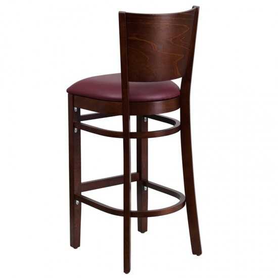 Lacey Series Solid Back Walnut Wood Restaurant Barstool - Burgundy Vinyl Seat