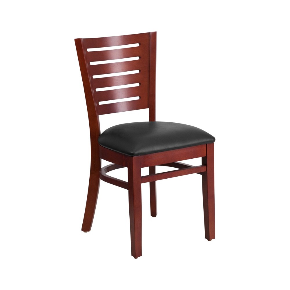 Darby Series Slat Back Mahogany Wood Restaurant Chair - Black Vinyl Seat