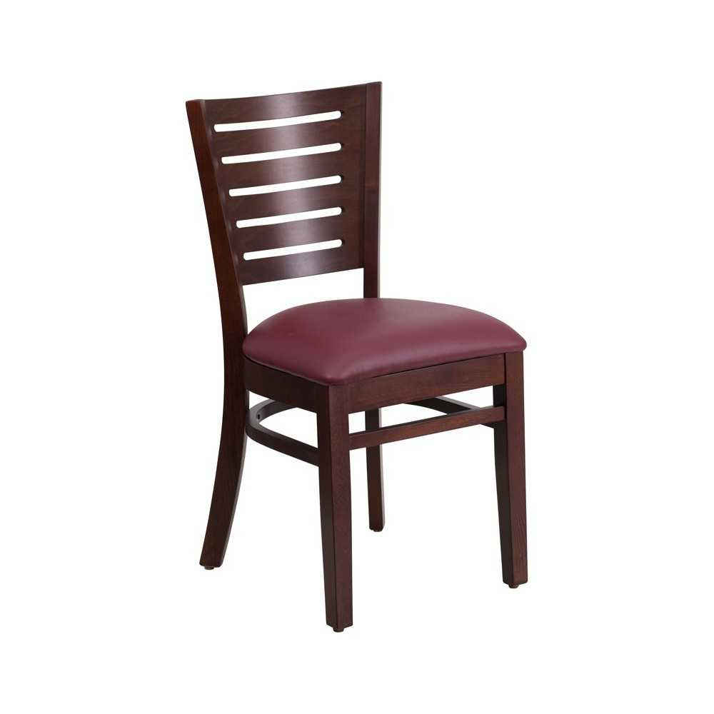 Darby Series Slat Back Walnut Wood Restaurant Chair - Burgundy Vinyl Seat