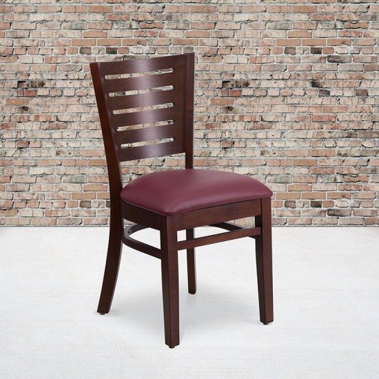 Darby Series Slat Back Walnut Wood Restaurant Chair - Burgundy Vinyl Seat