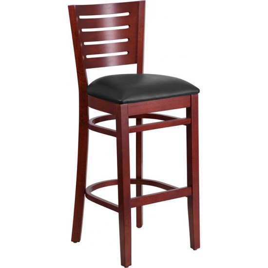 Darby Series Slat Back Mahogany Wood Restaurant Barstool - Black Vinyl Seat