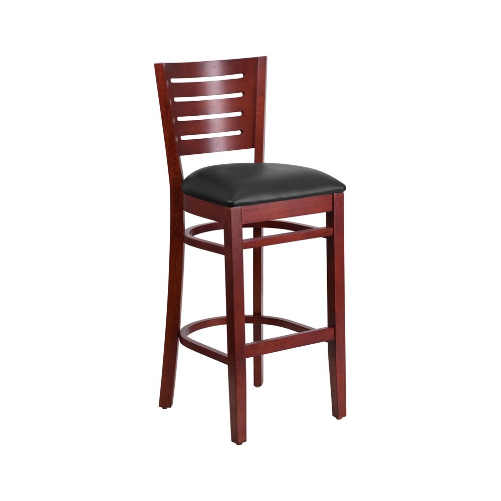 Darby Series Slat Back Mahogany Wood Restaurant Barstool - Black Vinyl Seat