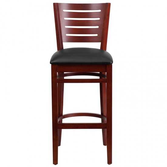 Darby Series Slat Back Mahogany Wood Restaurant Barstool - Black Vinyl Seat