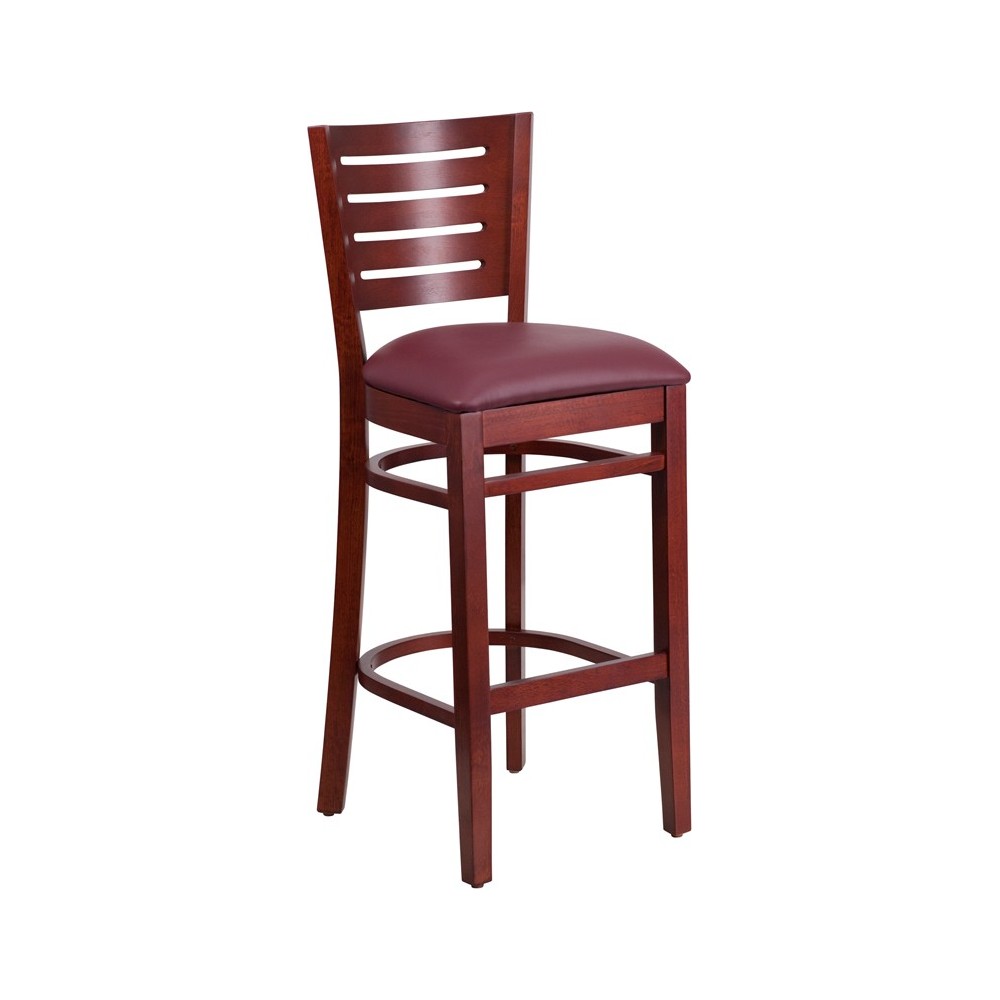 Darby Series Slat Back Mahogany Wood Restaurant Barstool - Burgundy Vinyl Seat Darby Series Slat Back Mahogany Wood Restaurant Barstool - Burgundy Vinyl Seat