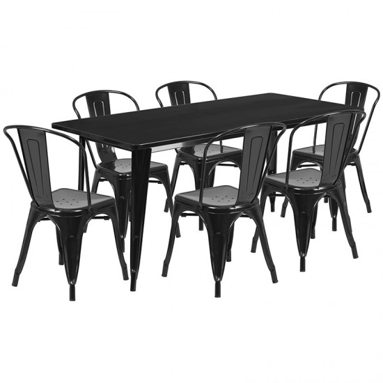 Commercial Grade 31.5" x 63" Rectangular Black Metal Indoor-Outdoor Table Set with 6 Stack Chairs