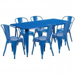 Commercial Grade 31.5" x 63" Rectangular Blue Metal Indoor-Outdoor Table Set with 6 Stack Chairs