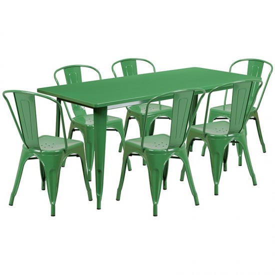 Commercial Grade 31.5" x 63" Rectangular Green Metal Indoor-Outdoor Table Set with 6 Stack Chairs