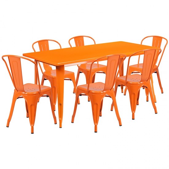 Commercial Grade 31.5" x 63" Rectangular Orange Metal Indoor-Outdoor Table Set with 6 Stack Chairs