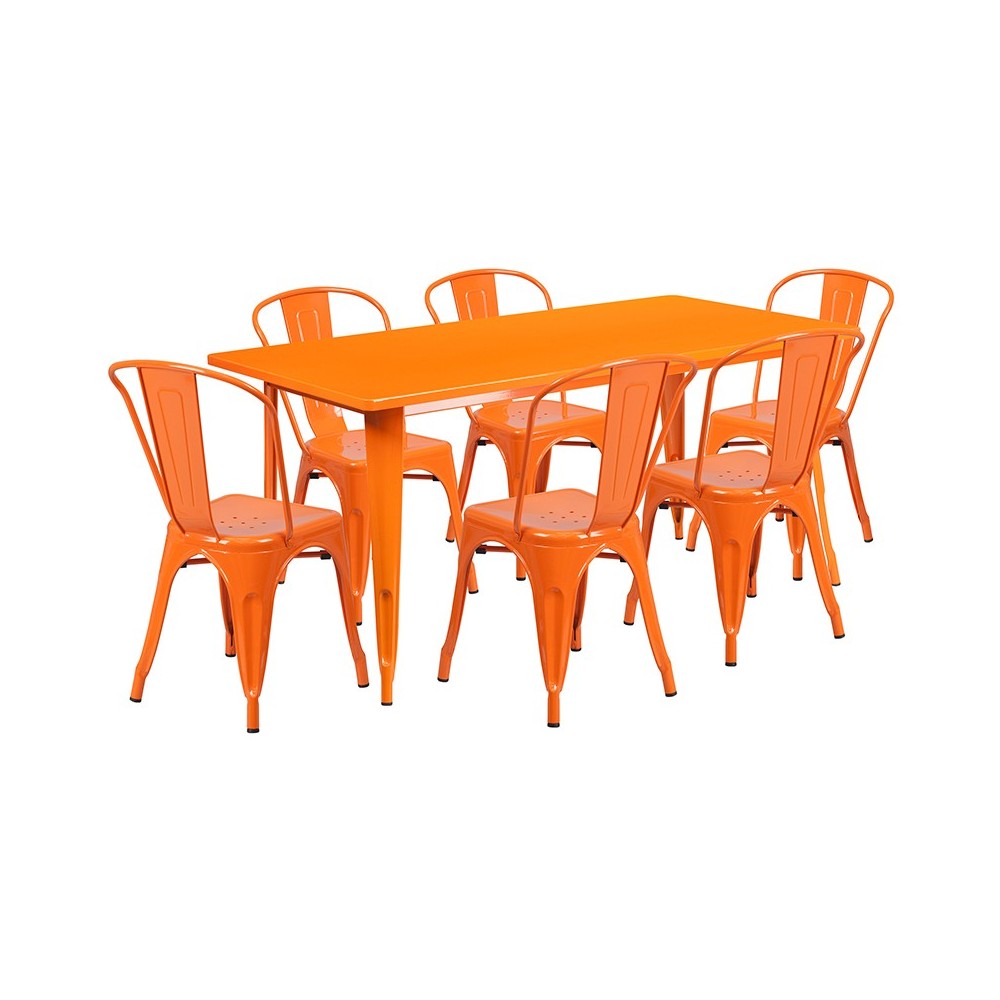 Commercial Grade 31.5" x 63" Rectangular Orange Metal Indoor-Outdoor Table Set with 6 Stack Chairs