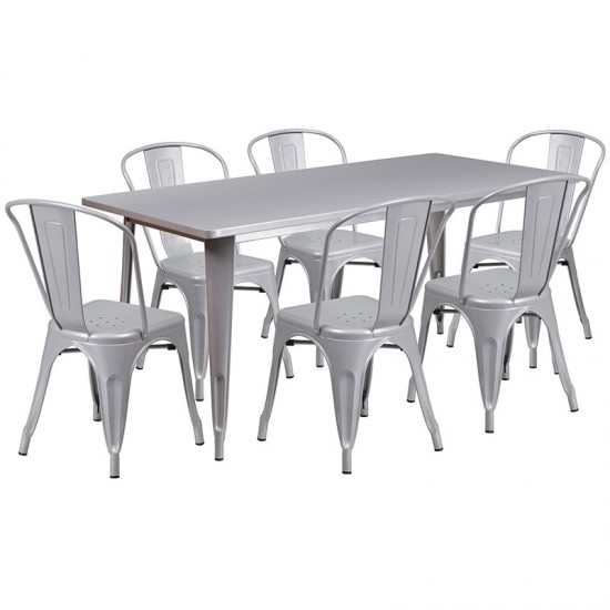 Commercial Grade 31.5" x 63" Rectangular Silver Metal Indoor-Outdoor Table Set with 6 Stack Chairs