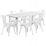 Commercial Grade 31.5" x 63" Rectangular White Metal Indoor-Outdoor Table Set with 6 Stack Chairs
