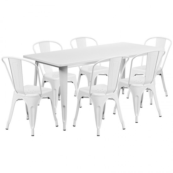 Commercial Grade 31.5" x 63" Rectangular White Metal Indoor-Outdoor Table Set with 6 Stack Chairs