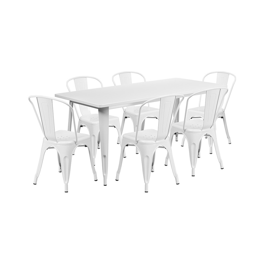 Commercial Grade 31.5" x 63" Rectangular White Metal Indoor-Outdoor Table Set with 6 Stack Chairs Commercial Grade 31.5" x 63" Rectangular White Metal Indoor-Outdoor Table Set with 6 Stack Chairs