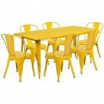 Commercial Grade 31.5" x 63" Rectangular Yellow Metal Indoor-Outdoor Table Set with 6 Stack Chairs