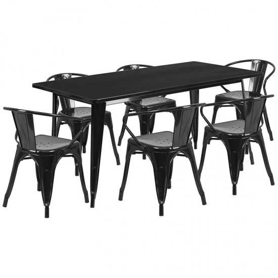 Commercial Grade 31.5" x 63" Rectangular Black Metal Indoor-Outdoor Table Set with 6 Arm Chairs